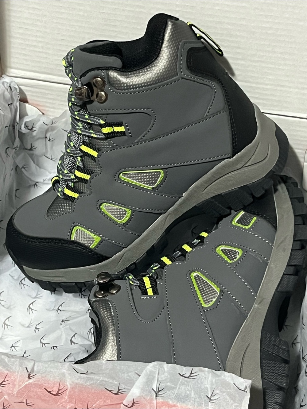 Deer Stags Grey Kids Hiking Boots with Neon Yellow Accents